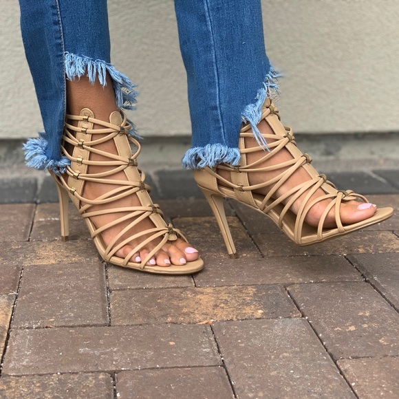 Tan Strappy Caged Studded High Heel Sandals - Picture 3 of 7